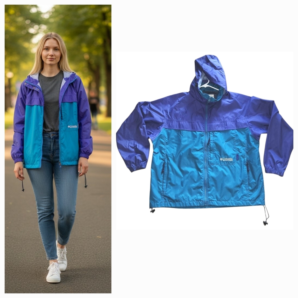 VTG 1990s Columbia Windbreaker Jacket Packable Womens XL Color Block Teal Purple